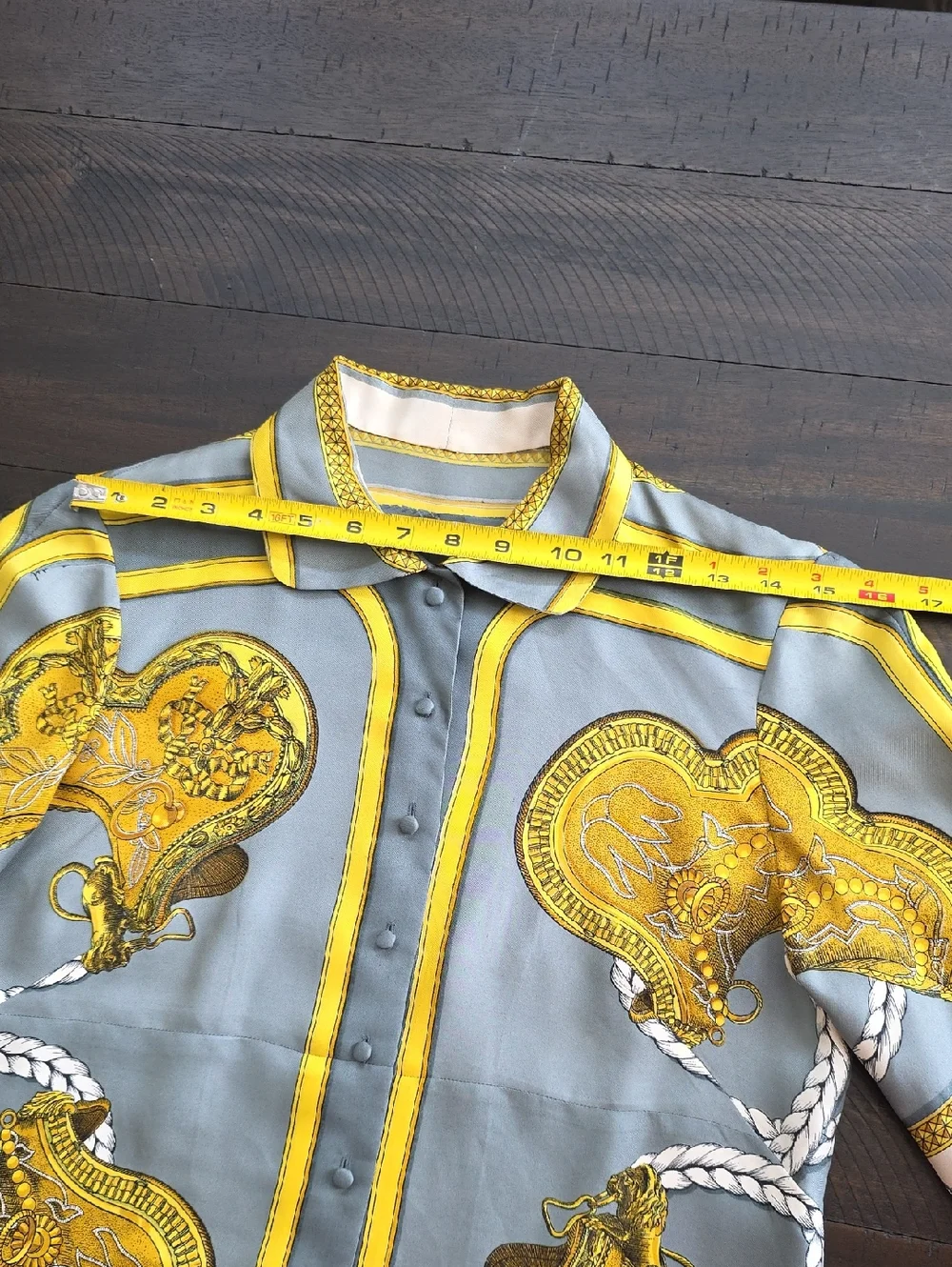VTG Hermes 100% Silk Button-Up Blouse Equestrian Print Gray Yellow Authentic, 44 - Picture 15 of 15